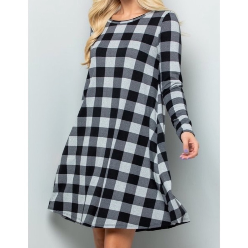SUNDAY MORNING Buffalo check long sleeve swing tunic dress neutral minimalist